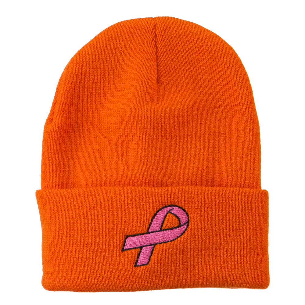Hot Pink Ribbon Breast Cancer Embroidered Long Cuff Beanie - Orange OSFM