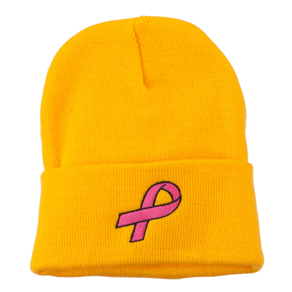 Hot Pink Ribbon Breast Cancer Embroidered Long Cuff Beanie - Yellow OSFM