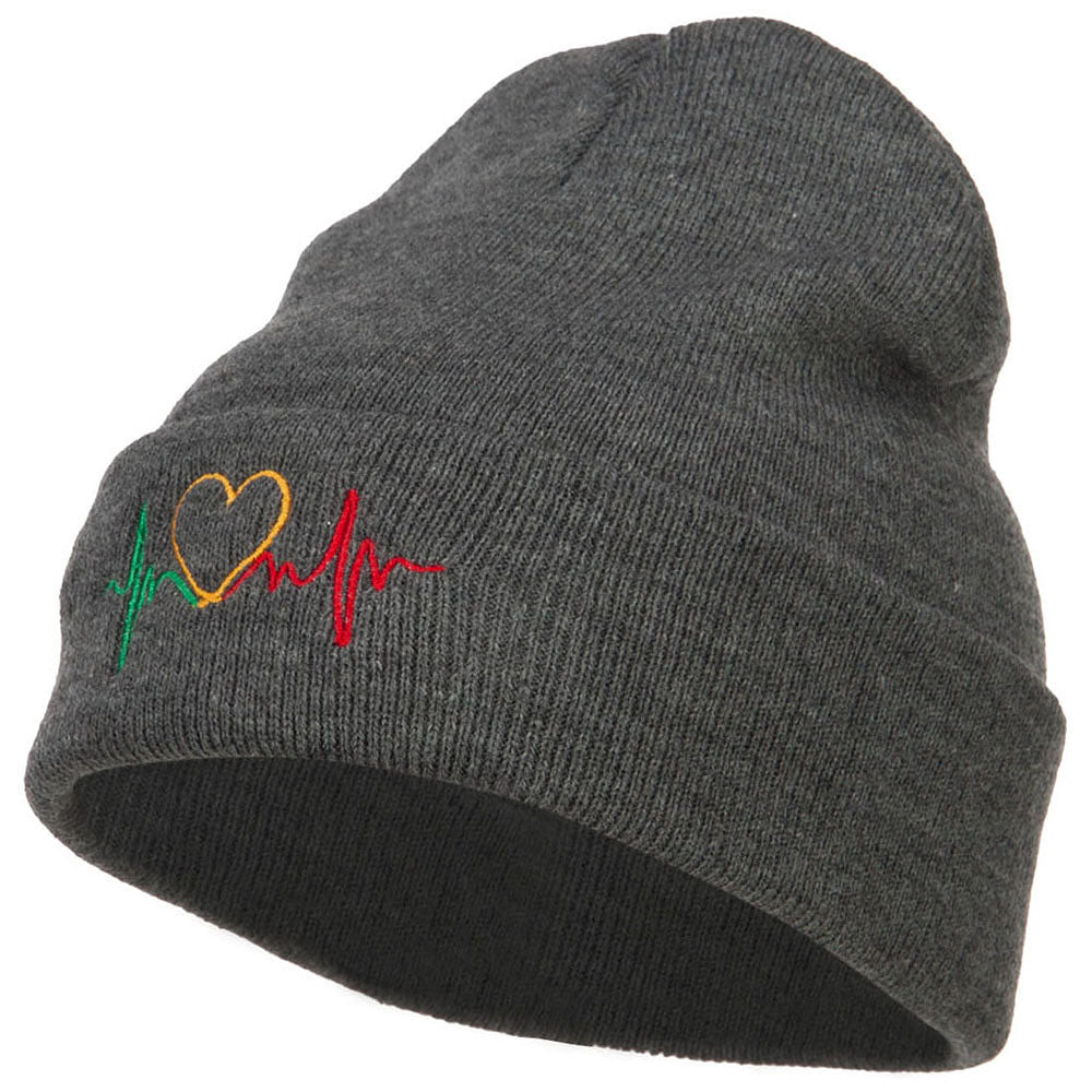 Rasta Heart Beat Embroidered Long Beanie - Dk Grey OSFM