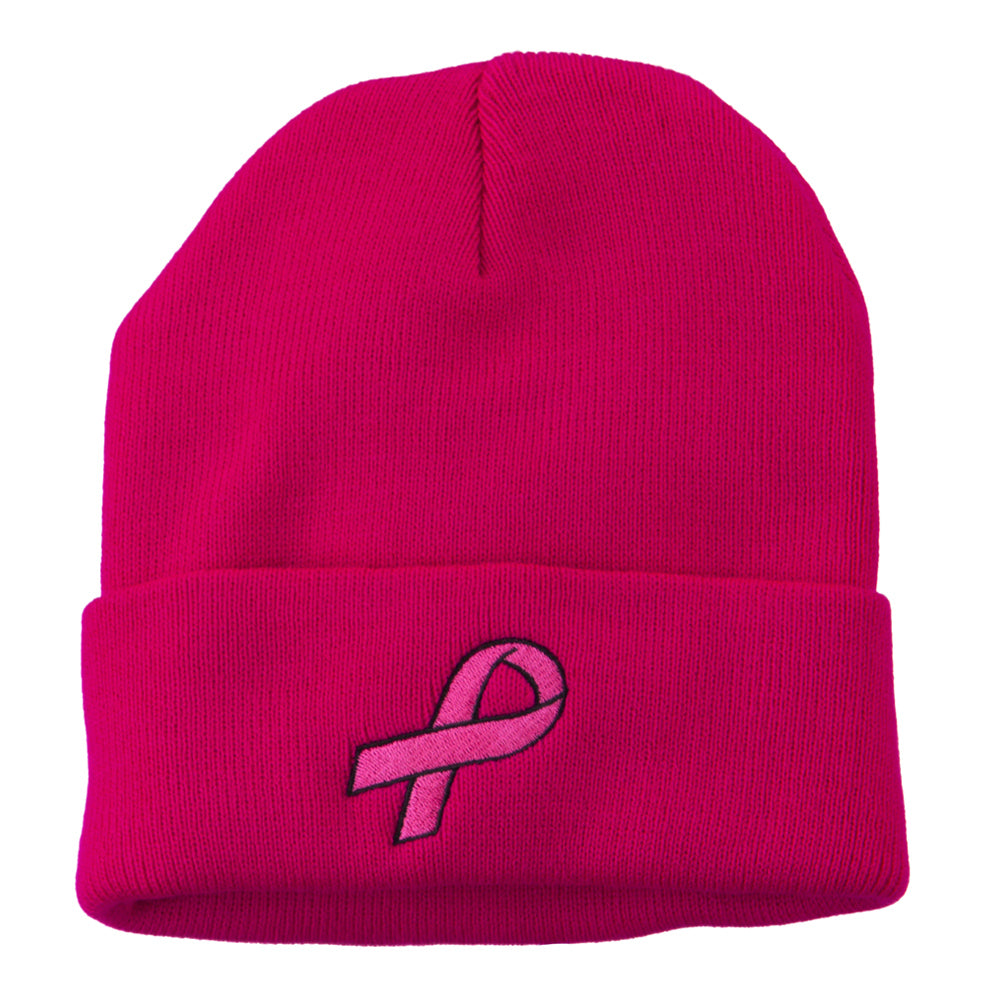 Hot Pink Ribbon Breast Cancer Embroidered Long Cuff Beanie - Hot Pink OSFM