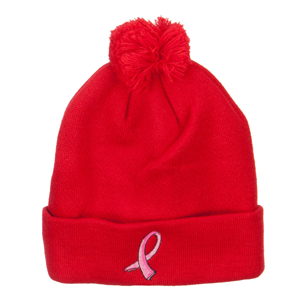 Ribbon Breast Cancer Embroidered Pom Beanie - Red OSFM