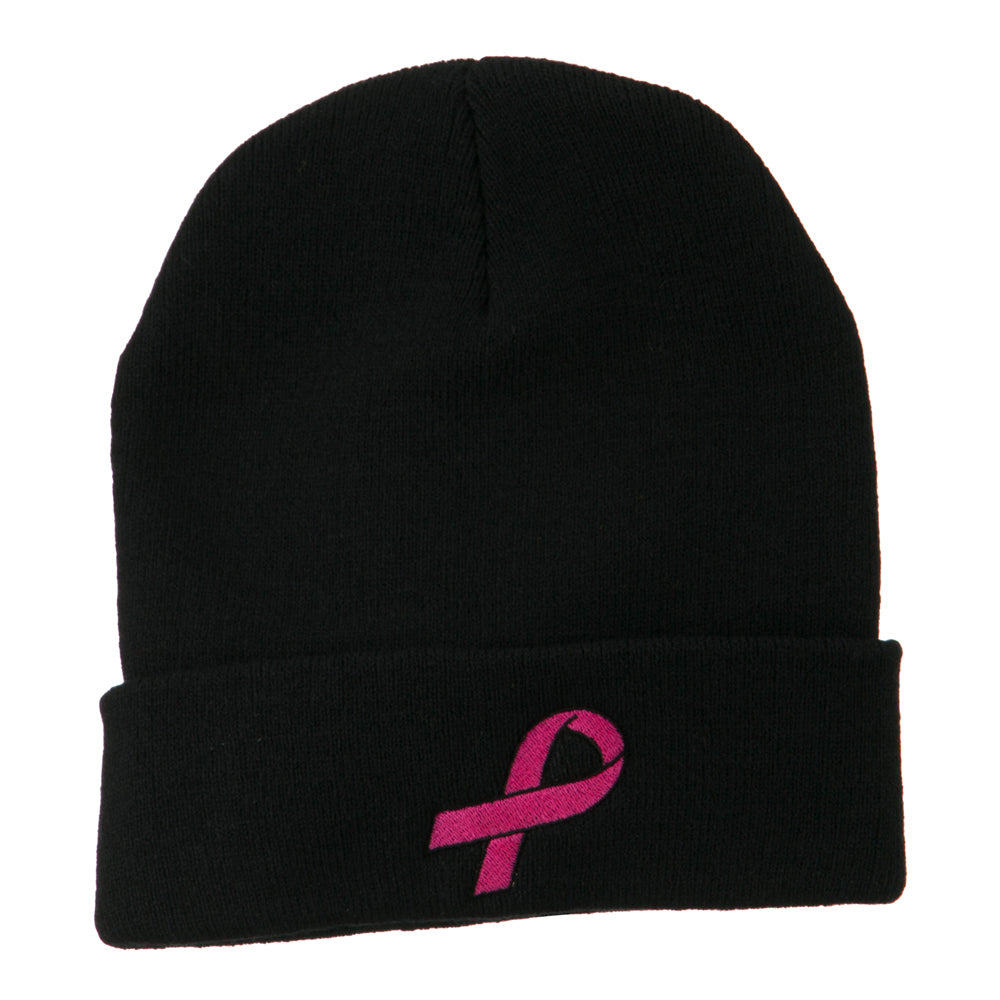 Hot Pink Ribbon Breast Cancer Embroidered Long Cuff Beanie - Black OSFM