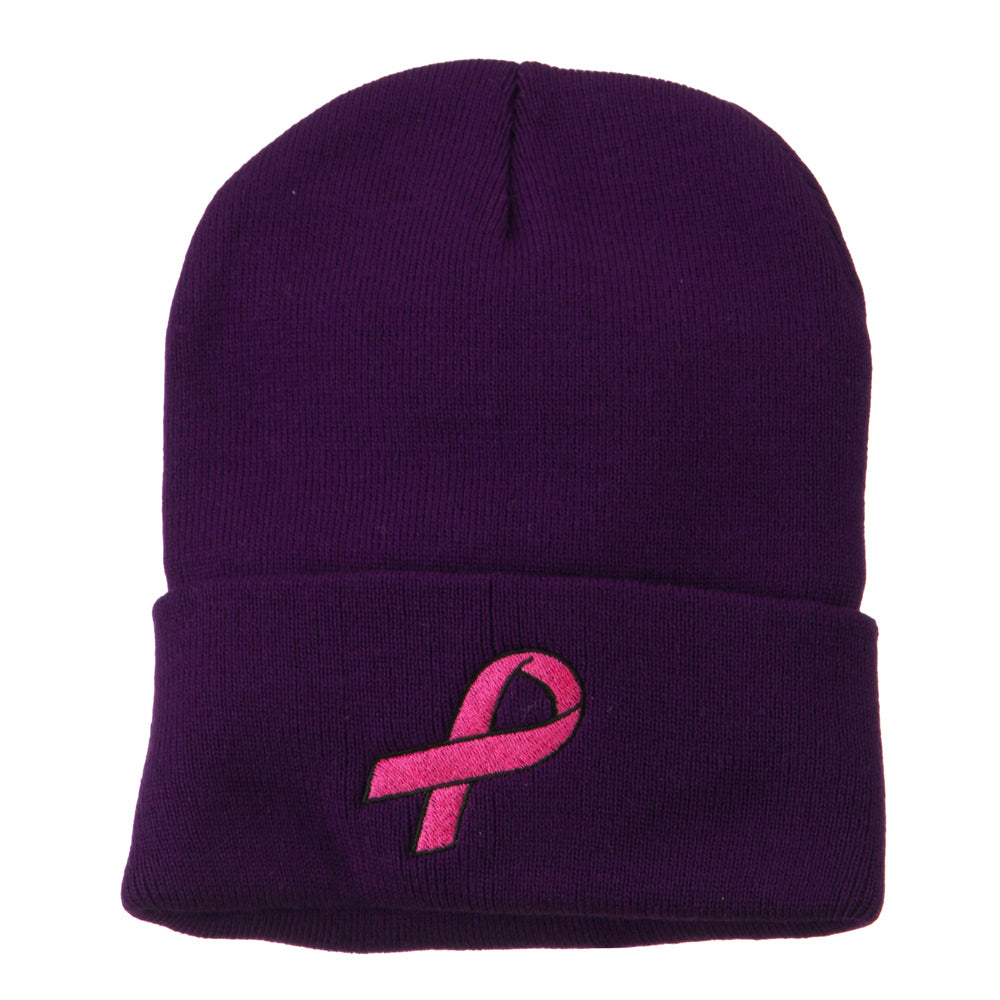 Hot Pink Ribbon Breast Cancer Embroidered Long Cuff Beanie - Purple OSFM