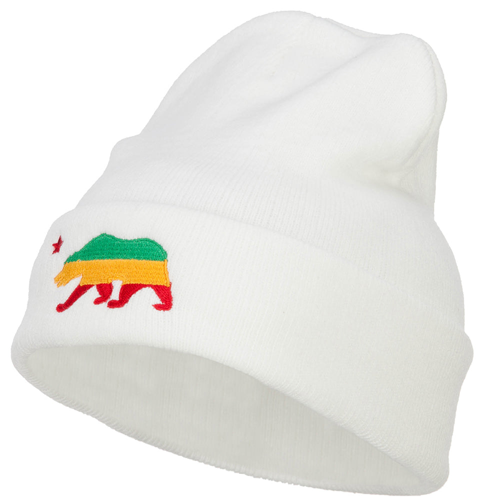 Rasta Cali Bear Embroidered Long Beanie - White OSFM