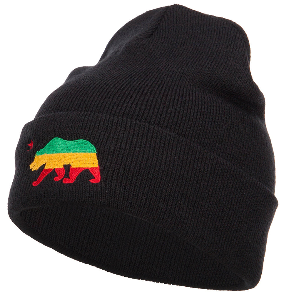 Rasta Cali Bear Embroidered Long Beanie - Black OSFM