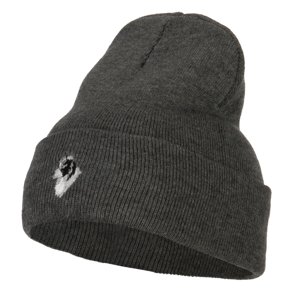 Border Collie Head Embroidered Long Knitted Beanie - Dk Grey OSFM