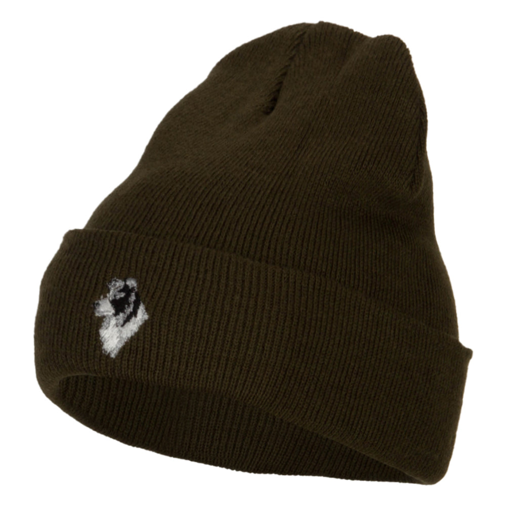 Border Collie Head Embroidered Long Knitted Beanie - Olive OSFM