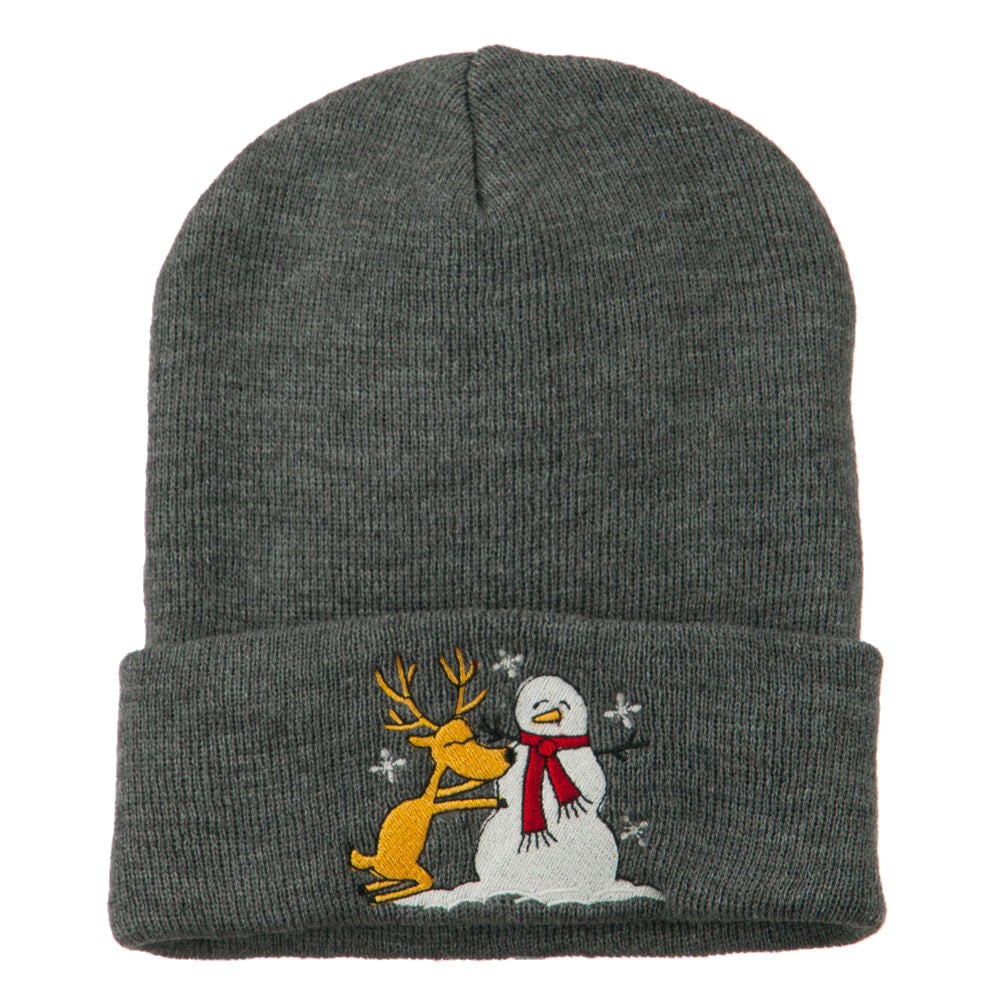 Reindeer and Snowman Embroidered Cuff Beanie - Grey OSFM