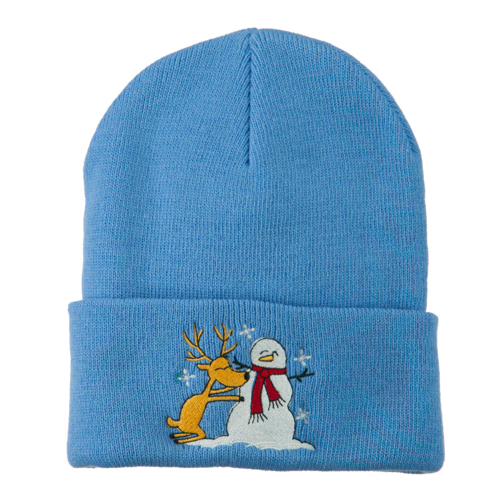 Reindeer and Snowman Embroidered Cuff Beanie - Sky Blue OSFM