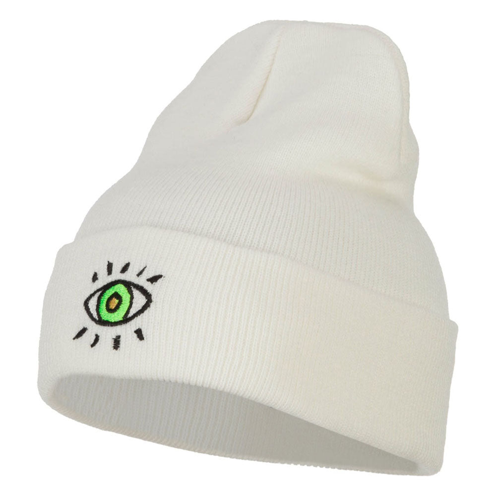 Green Eye Embroidered Long Beanie - White OSFM