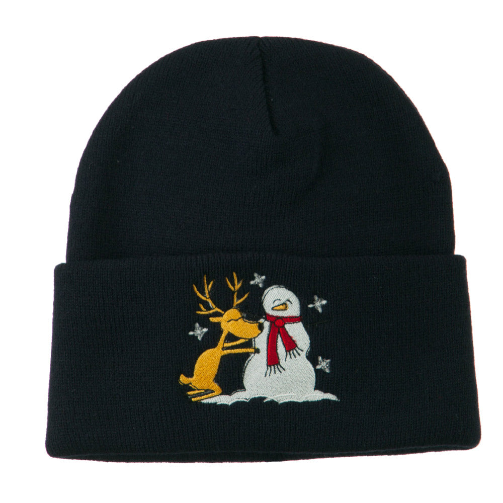 Reindeer and Snowman Embroidered Cuff Beanie - Navy OSFM