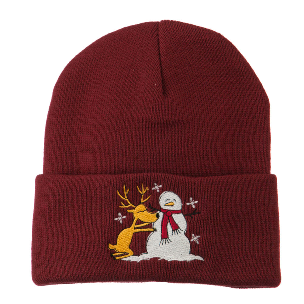 Reindeer and Snowman Embroidered Cuff Beanie - Maroon OSFM