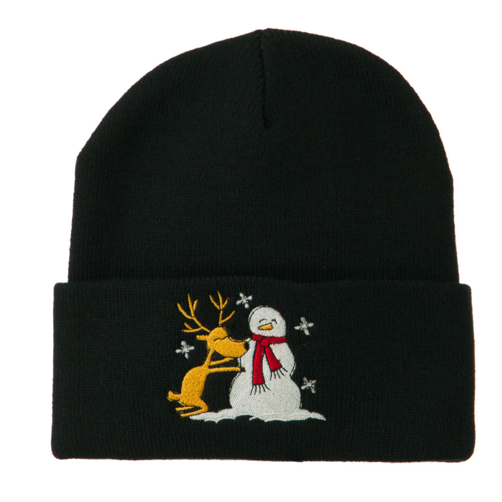 Reindeer and Snowman Embroidered Cuff Beanie - Black OSFM