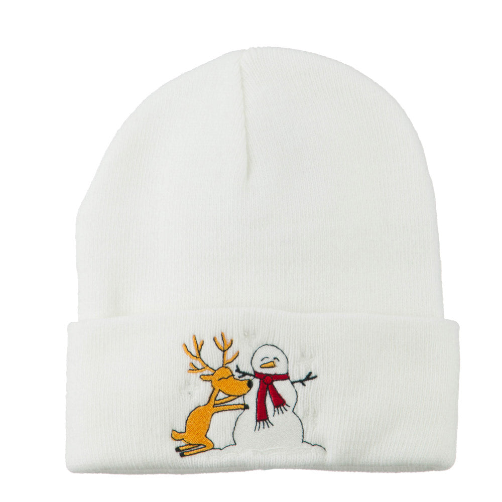 Reindeer and Snowman Embroidered Cuff Beanie - White OSFM