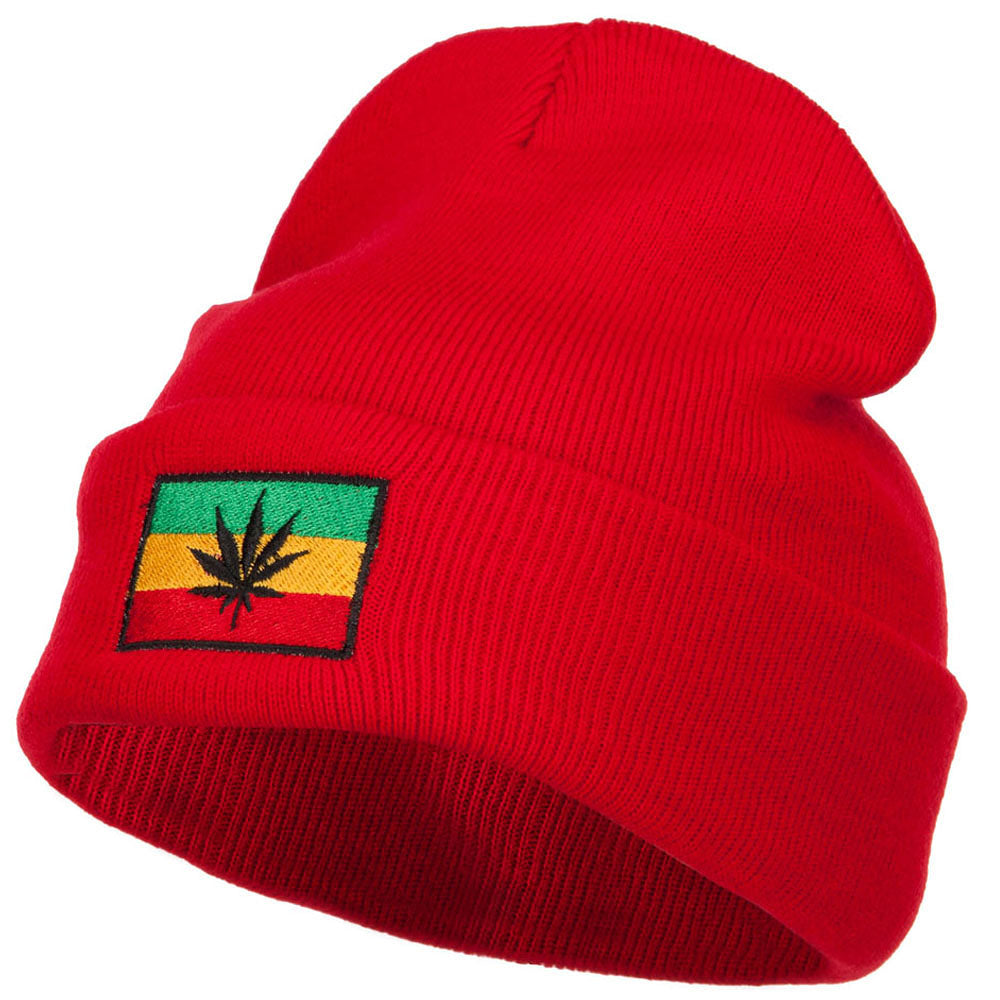 Rasta Leaf Flag Embroidered Long Beanie - Red OSFM