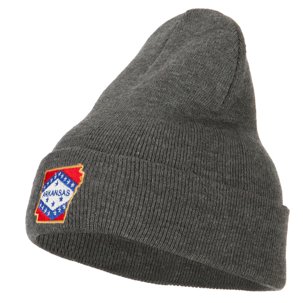 Arkansas State Flag Map Embroidered Long Beanie - Dk Grey OSFM