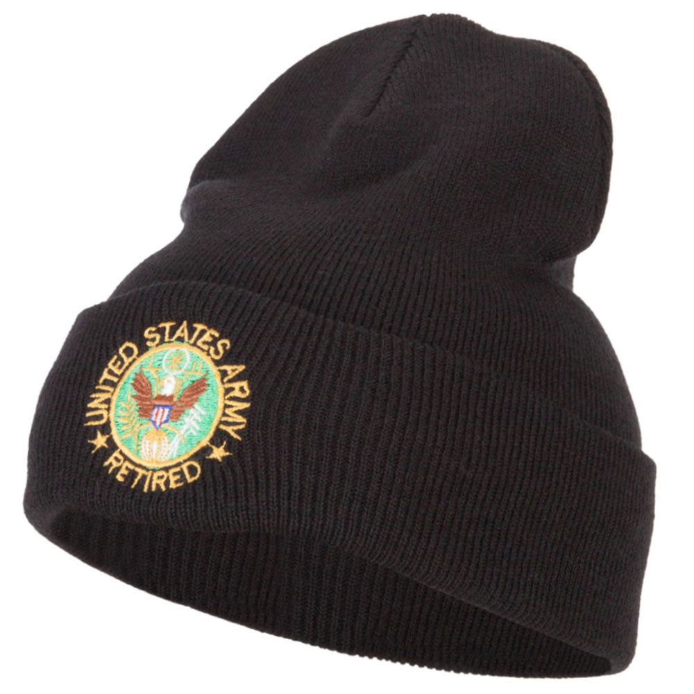 US Army Retired Circle Embroidered Long Knitted Beanie - Black OSFM