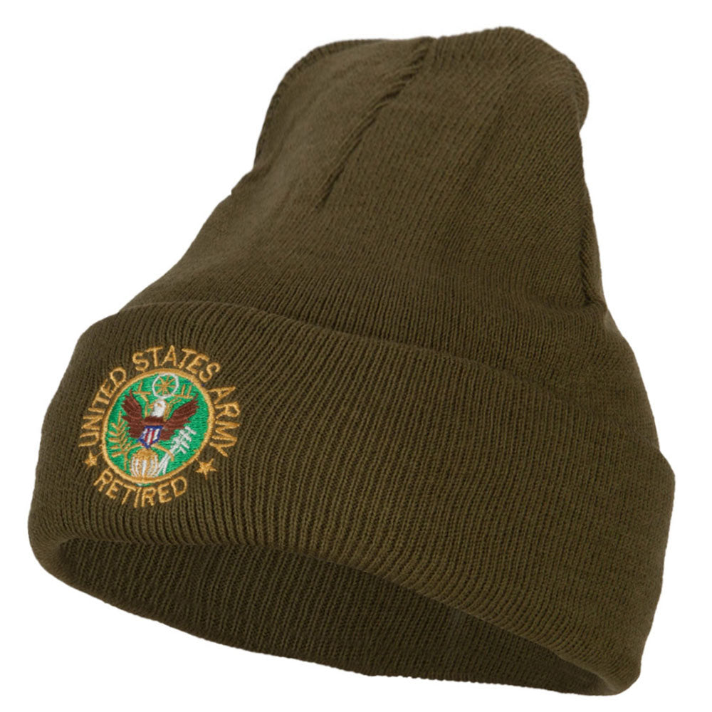 US Army Retired Circle Embroidered Long Knitted Beanie - Olive OSFM