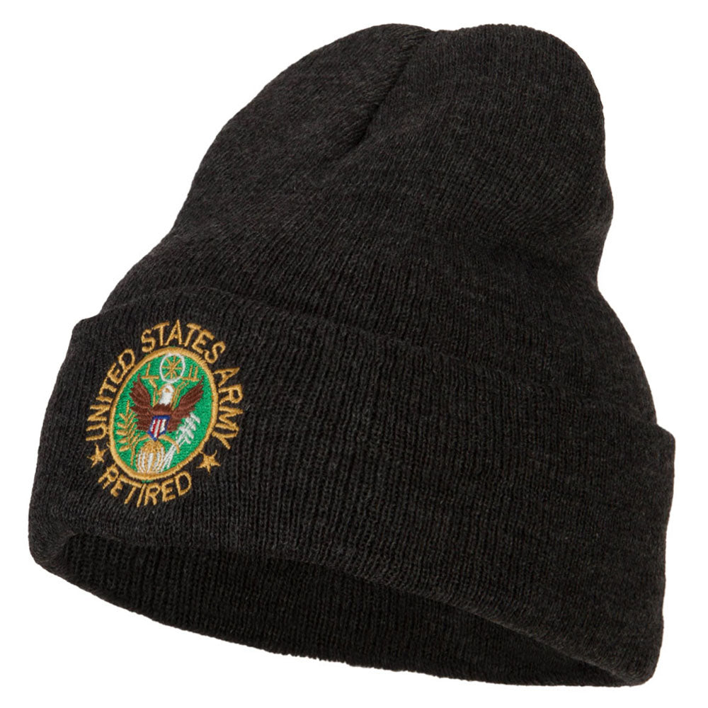 US Army Retired Circle Embroidered Long Knitted Beanie - Heather Charcoal OSFM