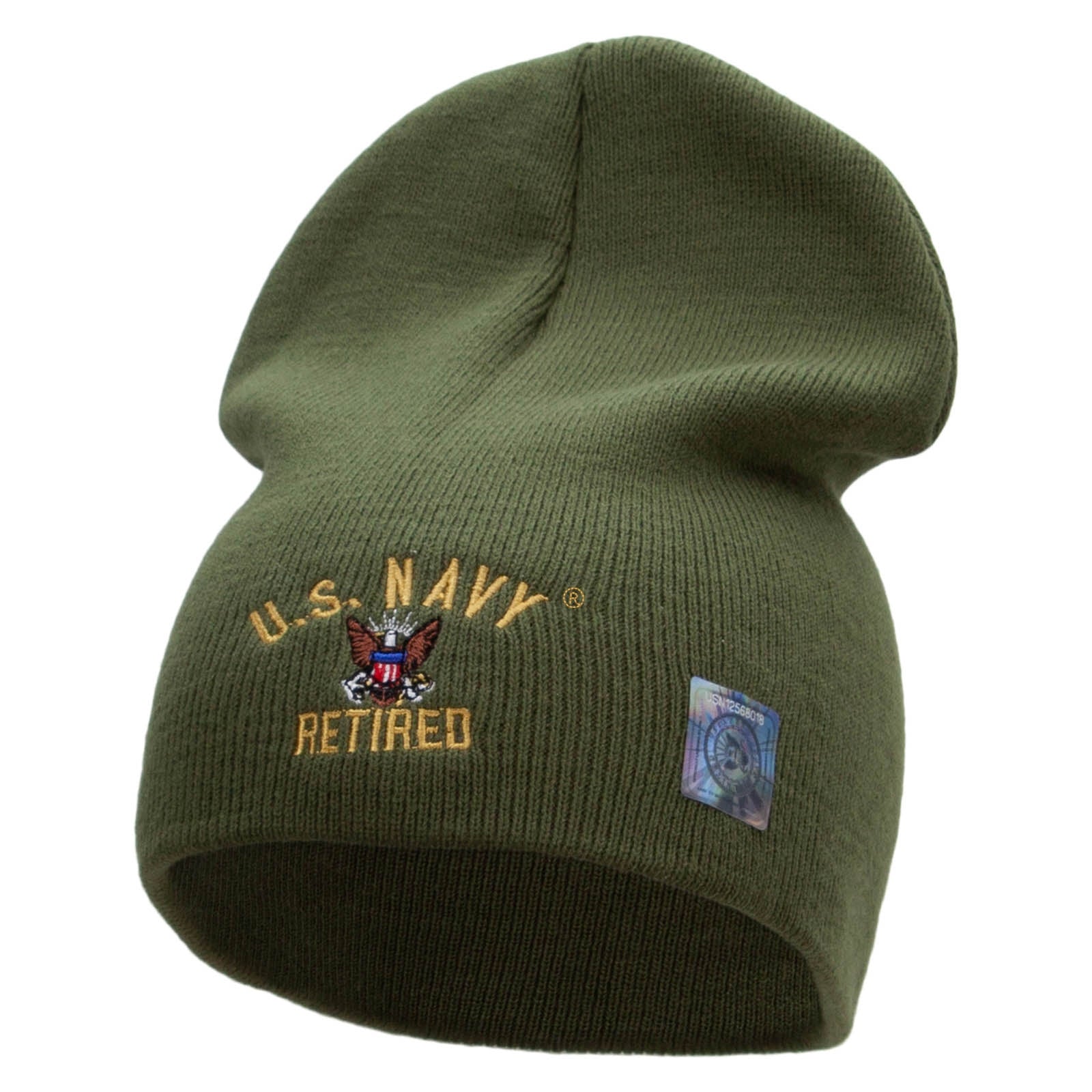 Licensed US Navy Retired Embroidered Short Beanie Made in USA - Olive OSFM