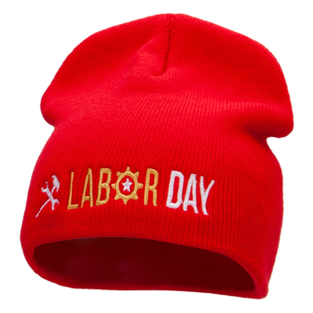 It&#039;s Labor Day Embroidered 8 Inch Knitted Short Beanie - Red OSFM