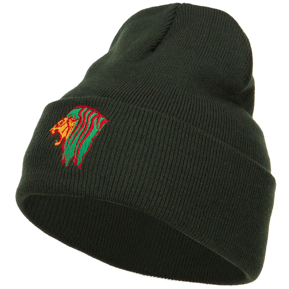 Rasta Lion Head Embroidered Long Beanie - Olive OSFM