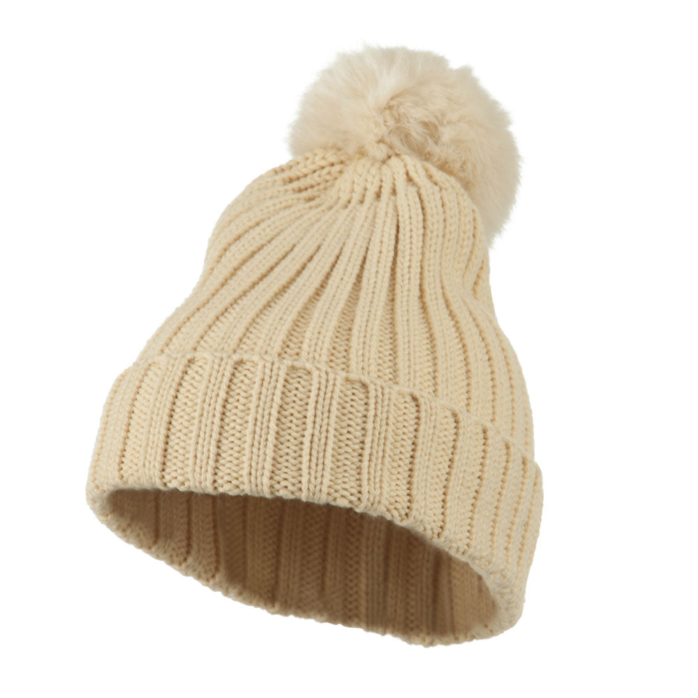 Knit Cuff Beanie with Rabbit Pom - Khaki OSFM