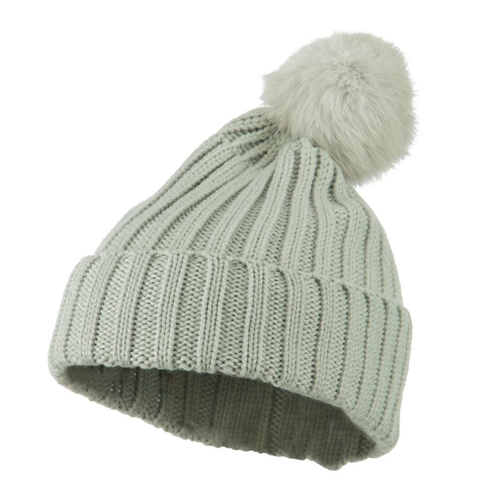 Knit Cuff Beanie with Rabbit Pom - Light Grey OSFM