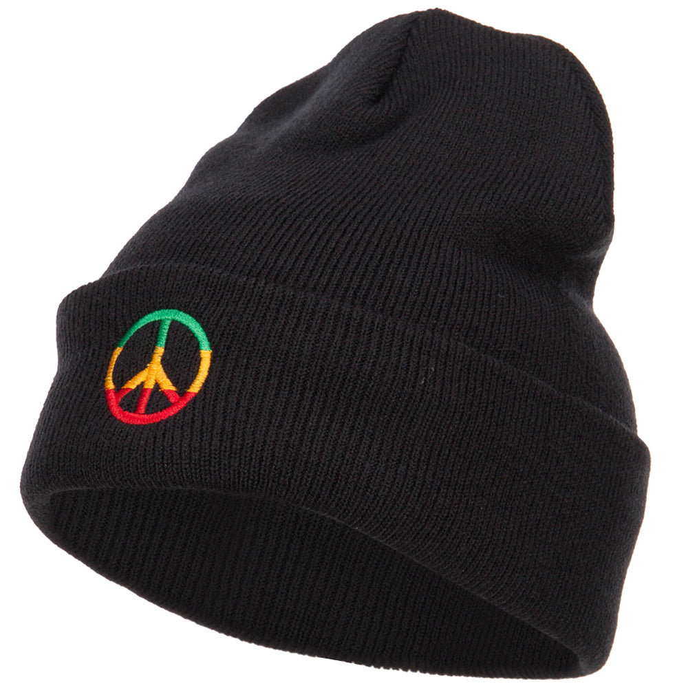 Rasta Peace Symbol Embroidered Long Beanie - Black OSFM
