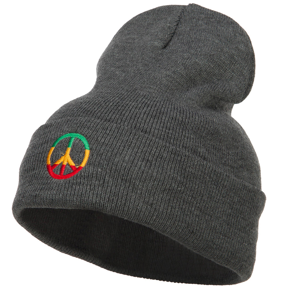 Rasta Peace Symbol Embroidered Long Beanie - Dk Grey OSFM