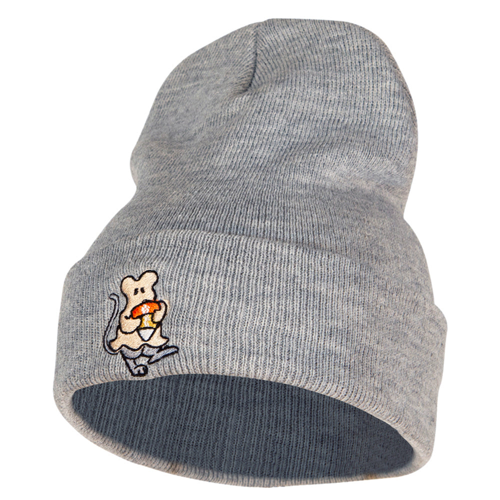 Rat Ghost Embroidered Knitted Long Beanie - Heather Grey OSFM