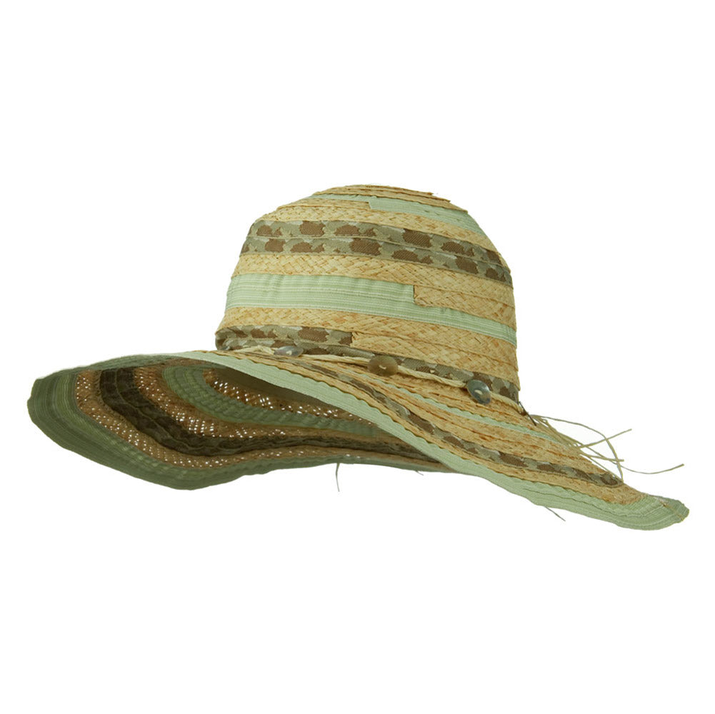 Ribbon And Raffia Shell Button Wide Brim Hat - Sage OSFM