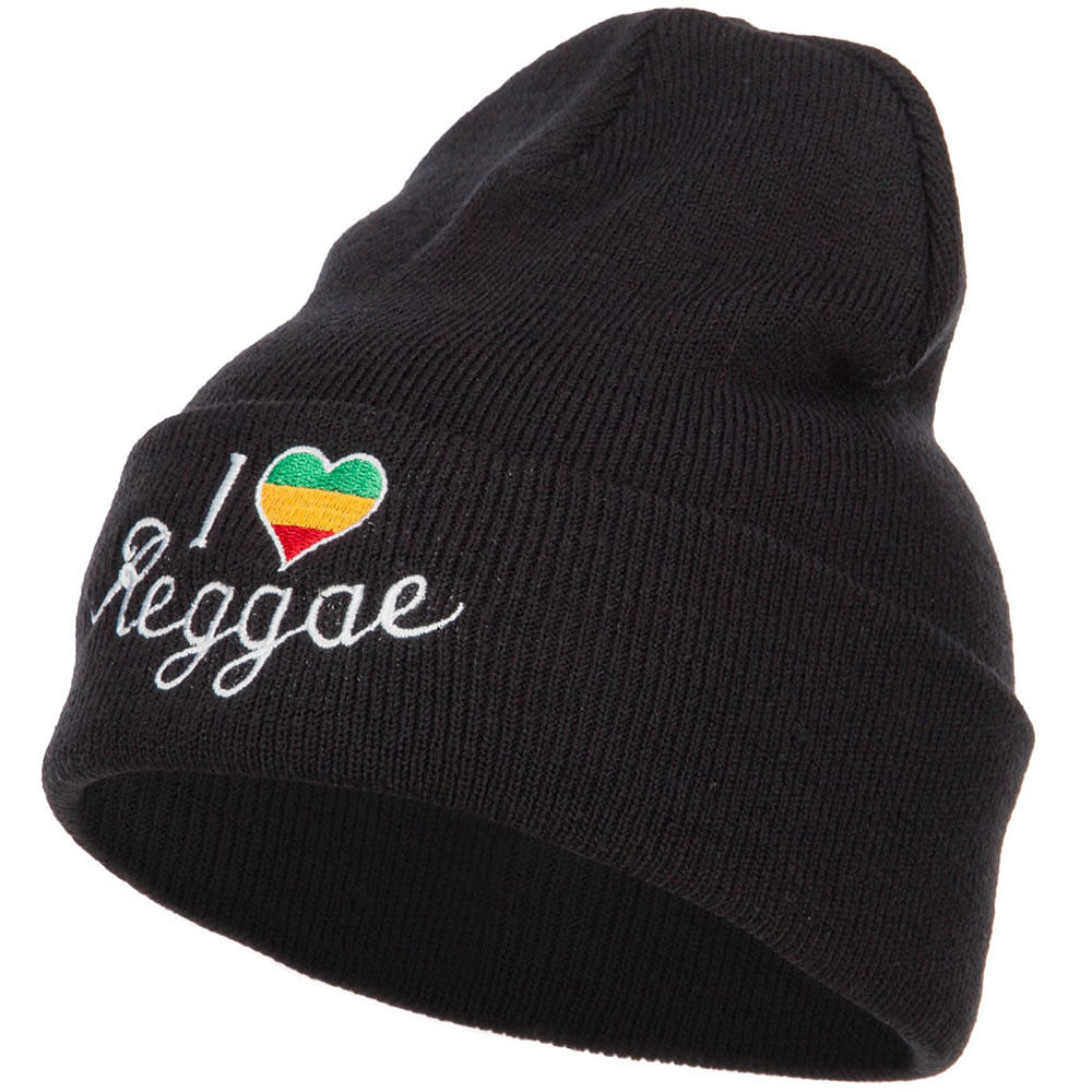 Rasta I Love Reggae Embroidered Long Beanie - Black OSFM