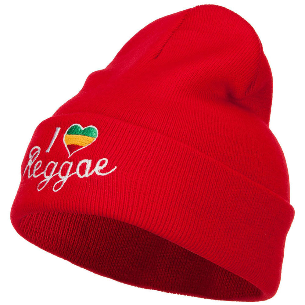 Rasta I Love Reggae Embroidered Long Beanie - Red OSFM