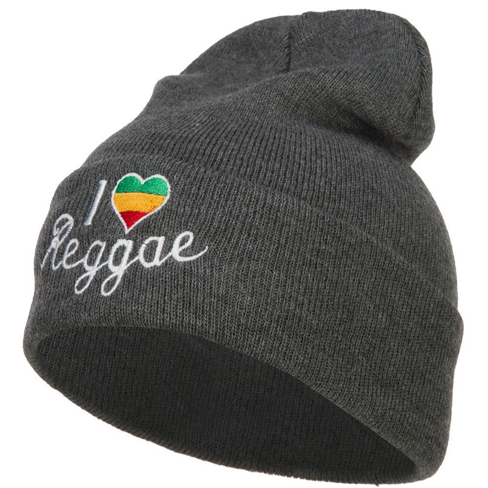 Rasta I Love Reggae Embroidered Long Beanie - Dk Grey OSFM