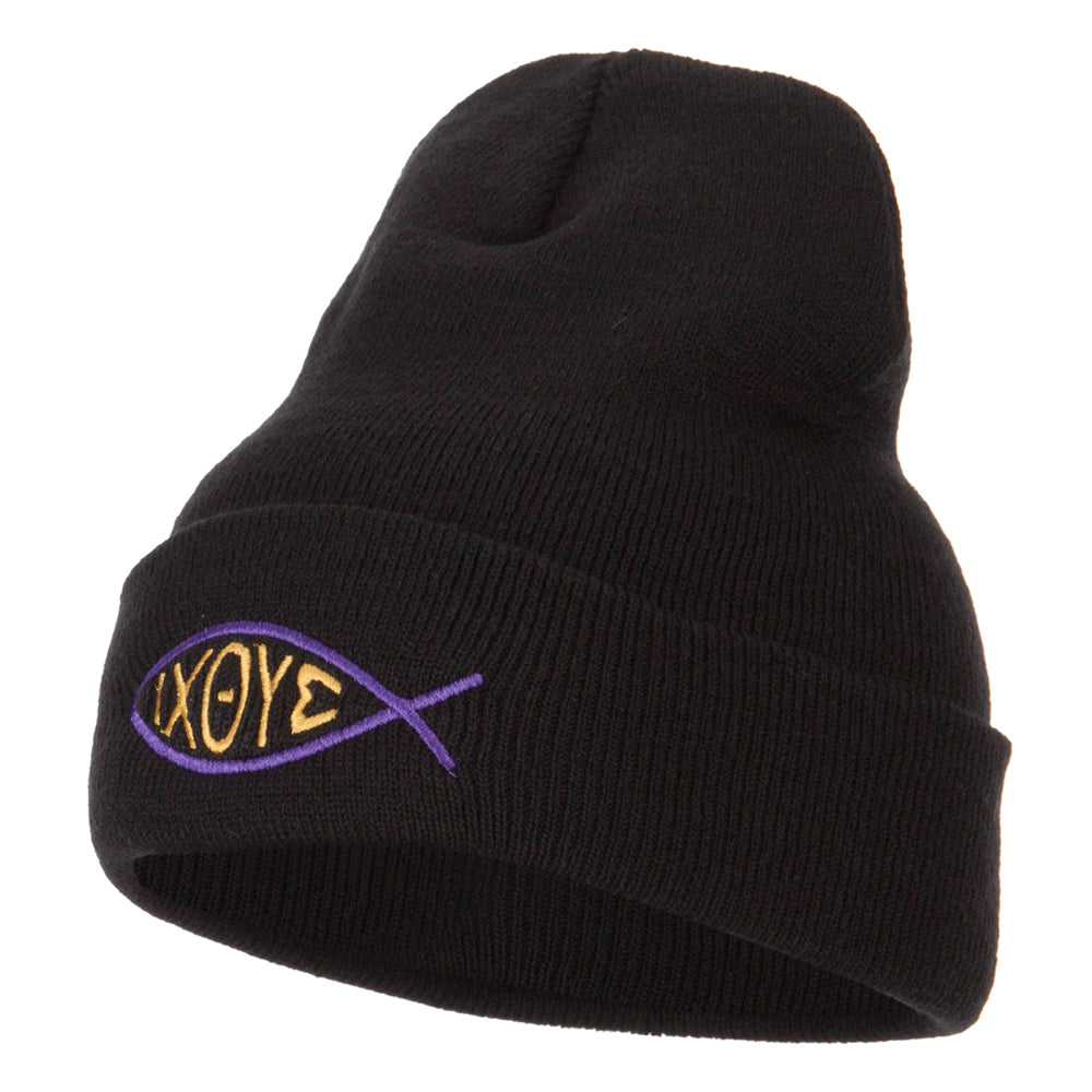 Religious Symbol of Christ Embroidered Long Beanie - Black OSFM