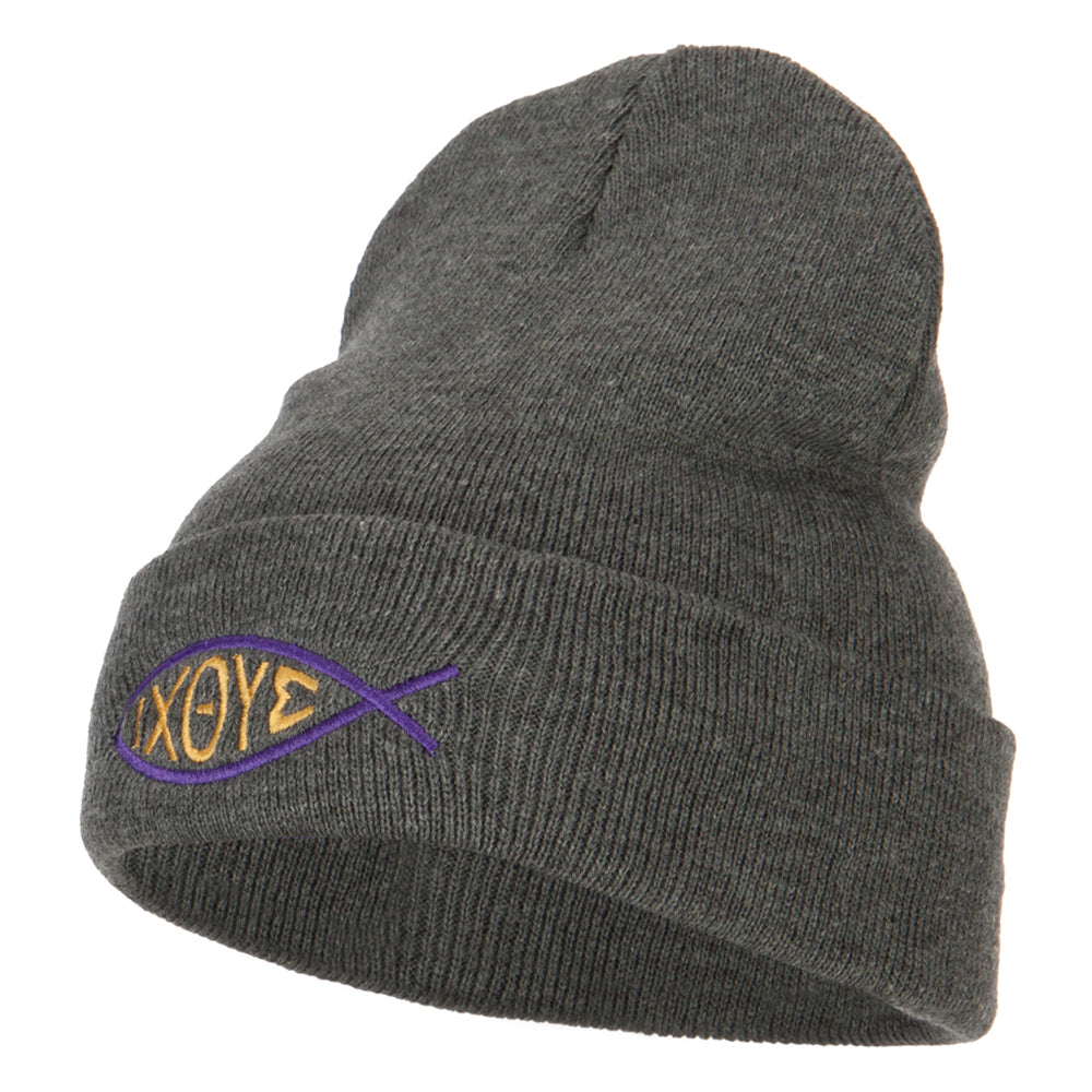 Religious Symbol of Christ Embroidered Long Beanie - Dk Grey OSFM