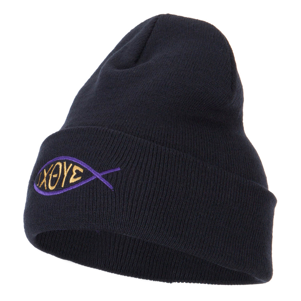 Religious Symbol of Christ Embroidered Long Beanie - Navy OSFM