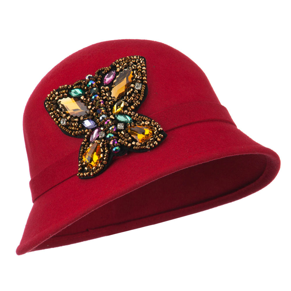 Wool Felt Cloche Hat with Rhinestone Butterfly - Red OSFM