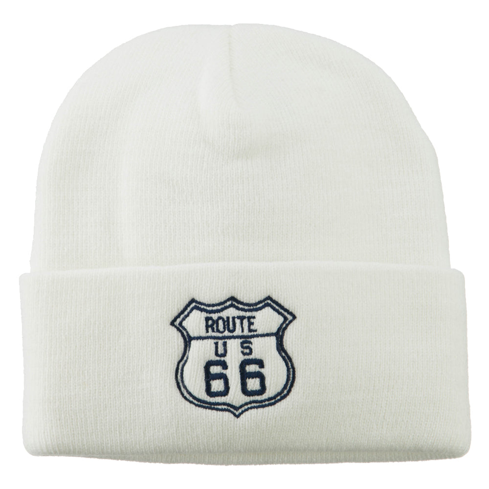 US Route 66 Embroidered Long Beanie - White OSFM