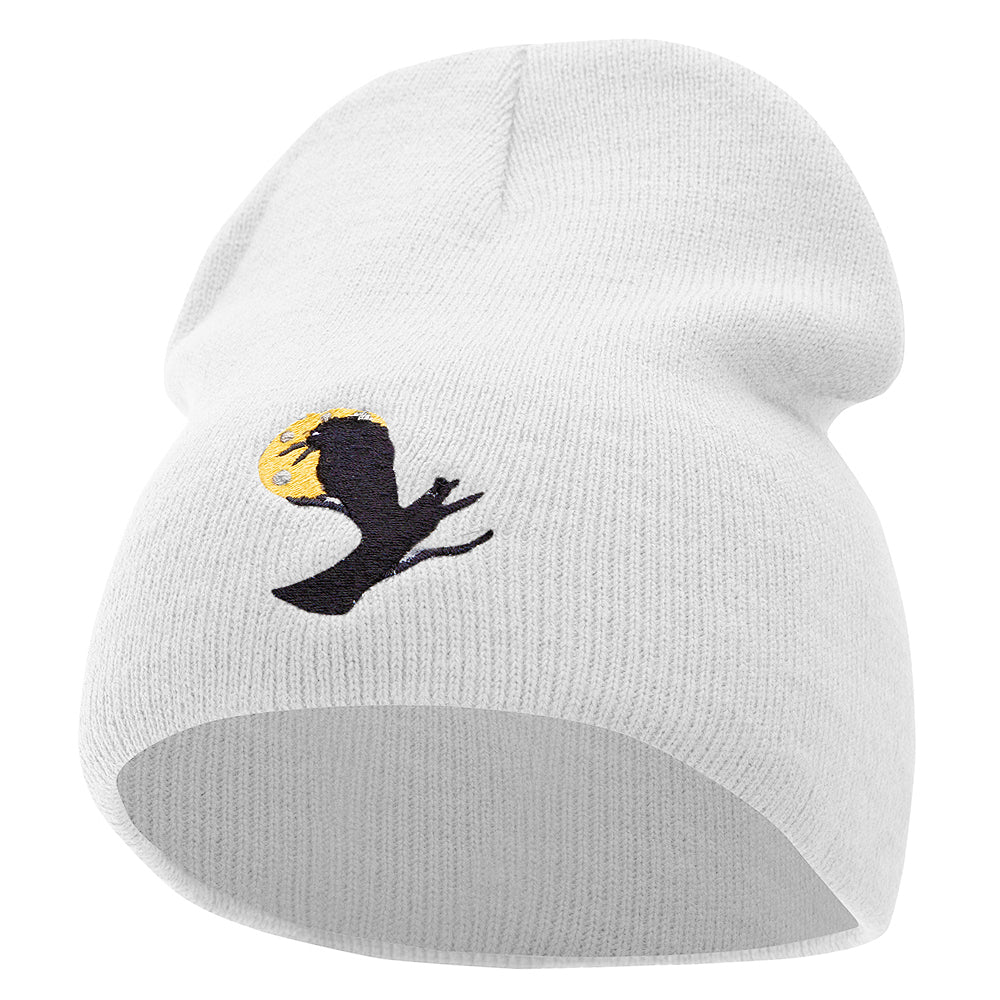 Sitting Raven Embroidered 8 Inch Knitted Short Beanie - White OSFM