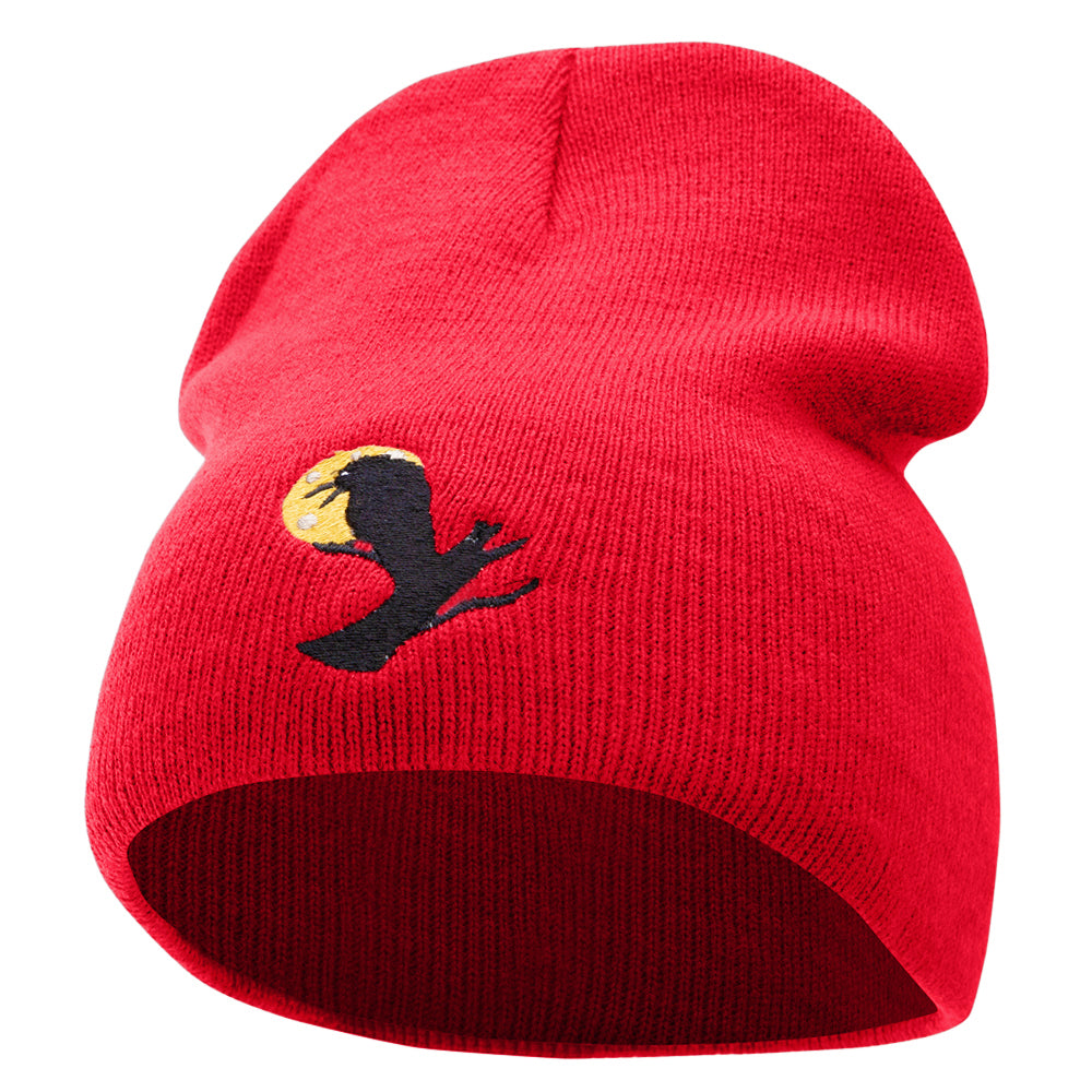 Sitting Raven Embroidered 8 Inch Knitted Short Beanie - Red OSFM