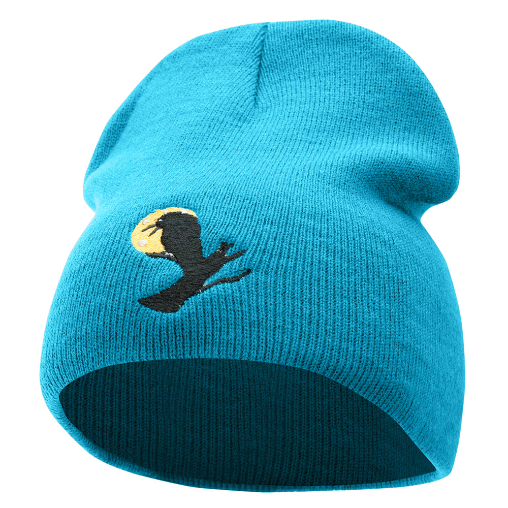 Sitting Raven Embroidered 8 Inch Knitted Short Beanie - Aqua OSFM