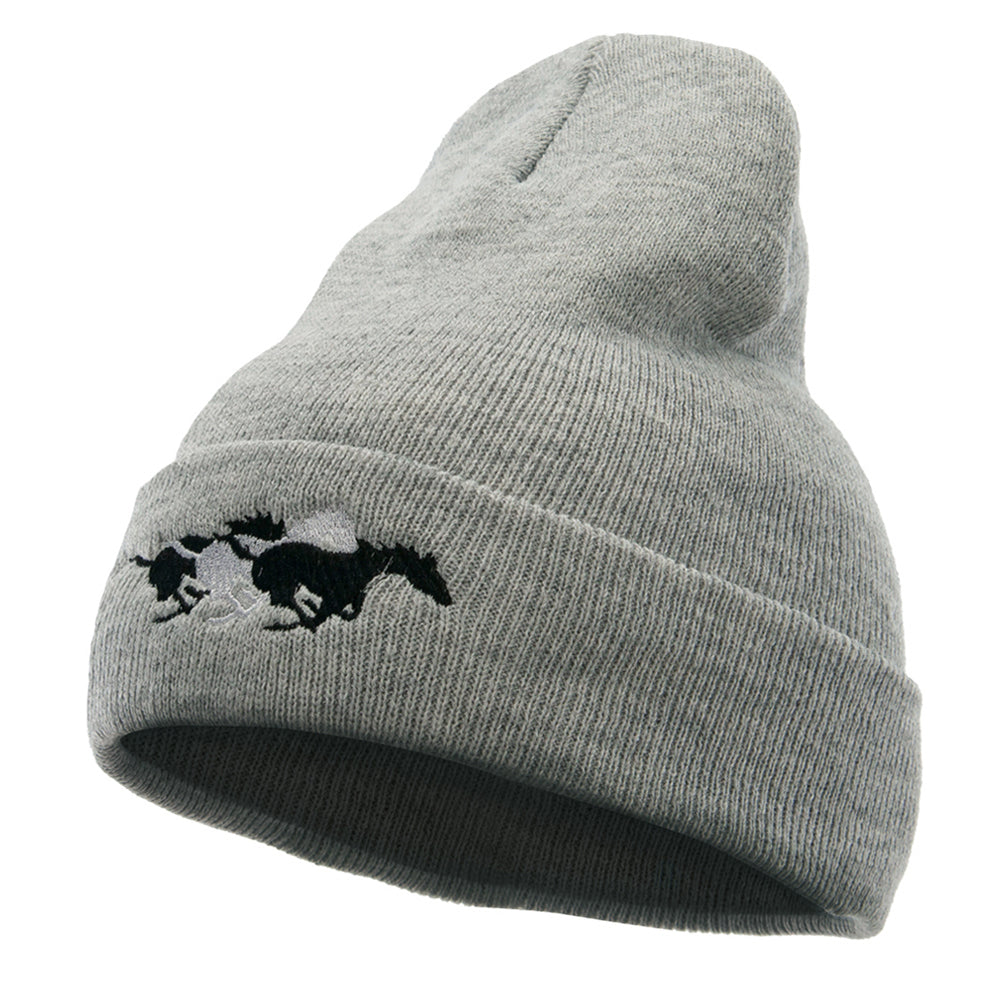 Racing Horses Embroidered 12 Inch Long Knitted Beanie - Heather Grey OSFM