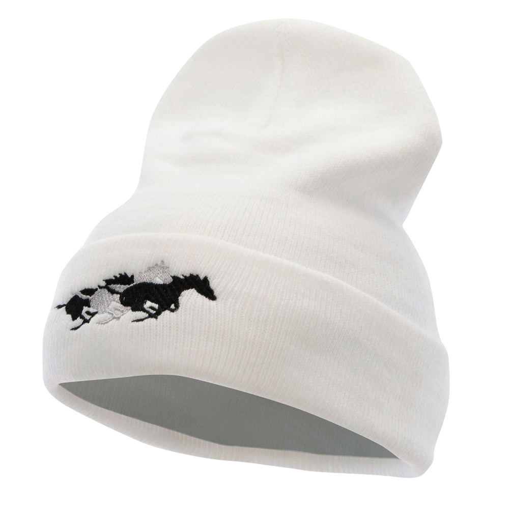 Racing Horses Embroidered 12 Inch Long Knitted Beanie - White OSFM