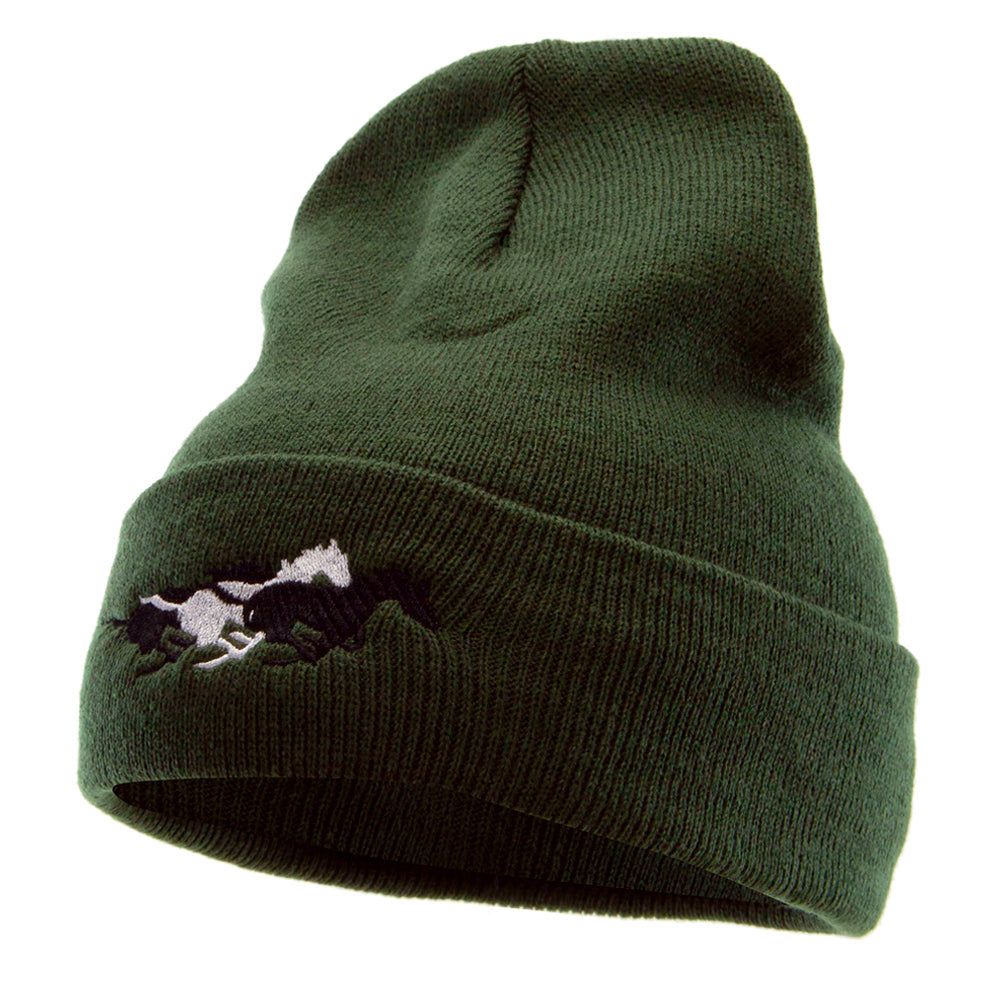 Racing Horses Embroidered 12 Inch Long Knitted Beanie - Olive OSFM