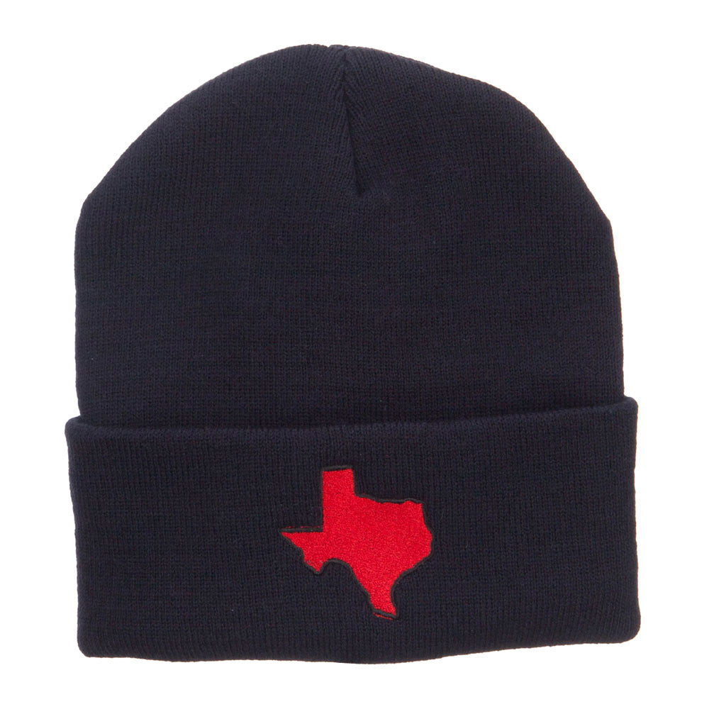 Red Texas State Map Embroidered Cuff Beanie - Navy OSFM