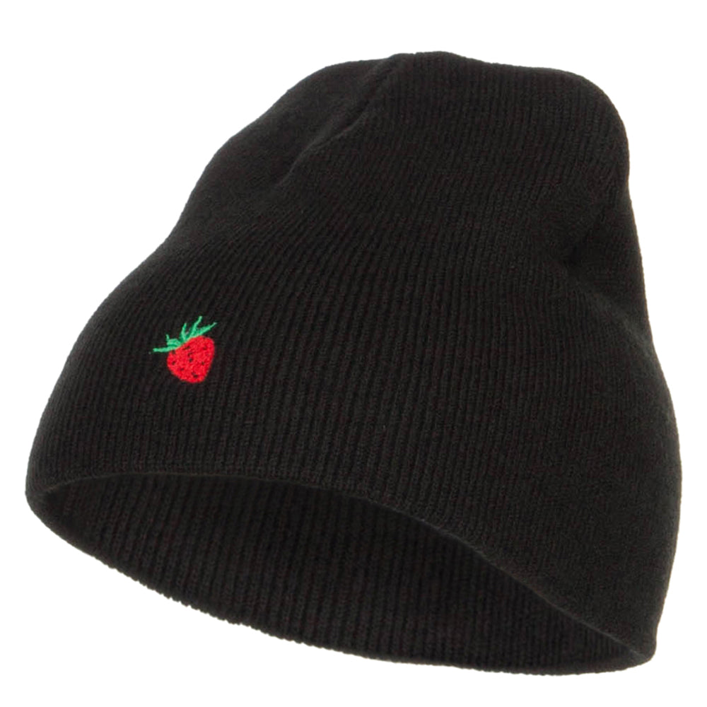 Mini Strawberry Embroidered Short Beanie - Black OSFM
