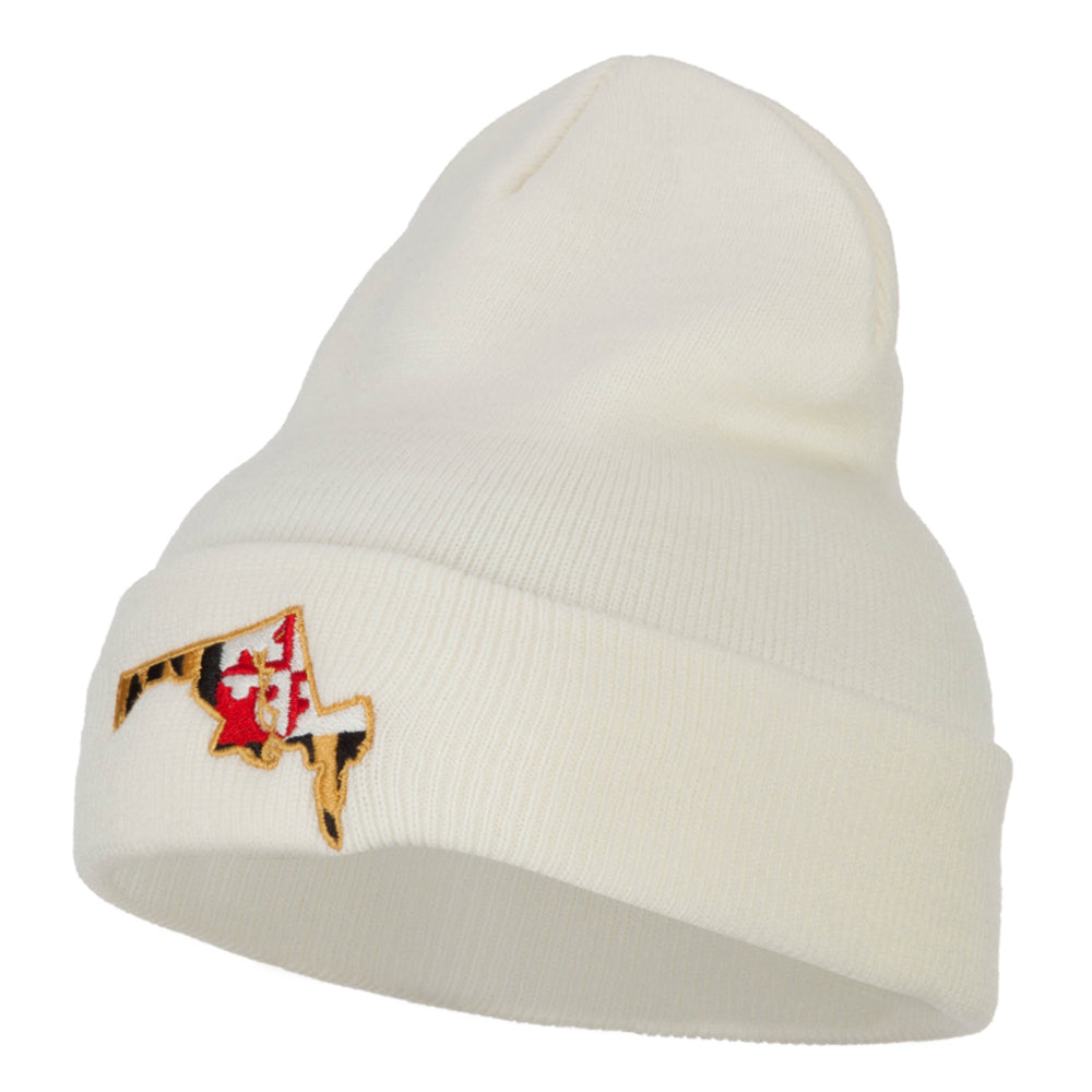 Maryland State Flag Map Embroidered Long Beanie - White OSFM