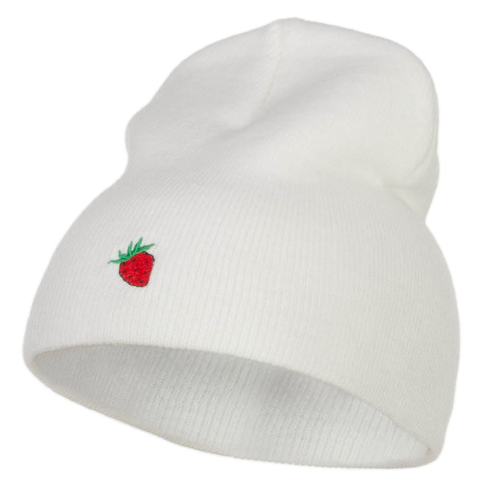 Mini Strawberry Embroidered Short Beanie - White OSFM